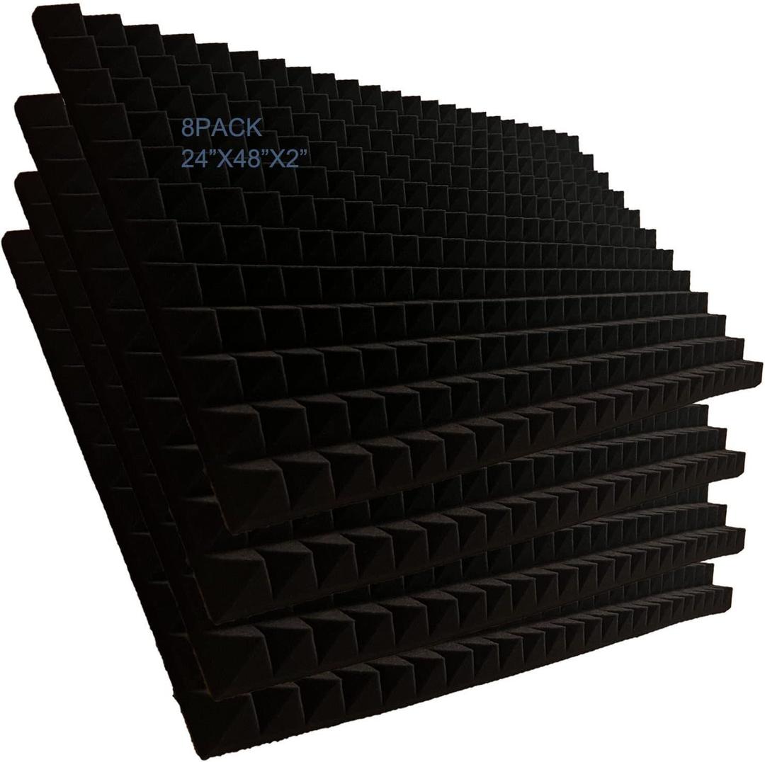8 Pack Acoustic Foam Panels，Musical Instrument Room Cinema KTV Acoustics Panel Black PYRAMID Large Size Sound Absorbing Foam Board 2" × 24” × 48”