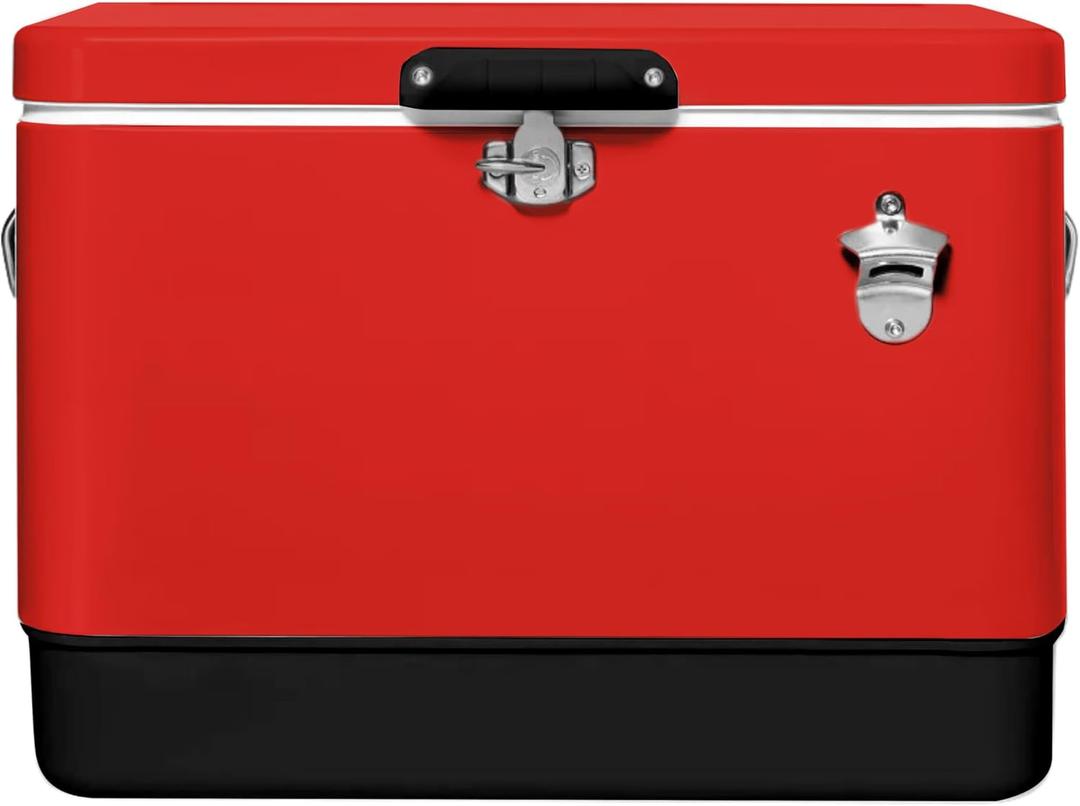 FSE Hard-Sided 54 Qt. / 80 Can Metal Cooler, Two-Tone Gray Camo and Black, Durable Outdoor Beverage Cooler with Latch Closure, Plastic Lining, Side Handles, Portable Tailgating and Camping Ice Chest (Red)