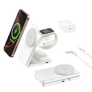 3 in 1 Charging Station for iPhone 16/ 15/ 14/ 13/ 12 Series, Wireless Charger for Apple Watch，Travel Magnetic Charging Stand for AirPods (White Grey)
