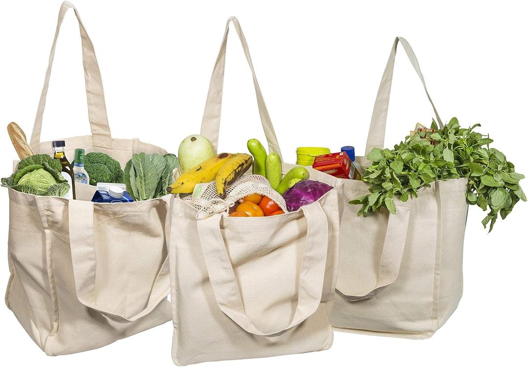 Best Canvas Grocery Shopping Bags - Cloth Grocery Tote Bags - Reusable Cotton Grocery Tote Bags with Bottle Sleeves