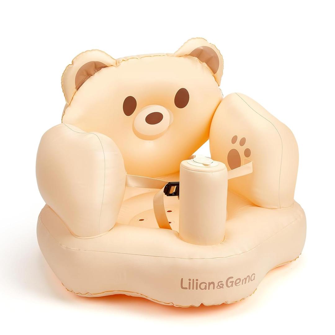 Lilian&Gema Inflatable Baby Seat  Blow Up Baby Chair with Built-in Pump for Infants 3 Months & Up, Portable Inflatable Baby Chair for Sitting Up, Soft Support Cushion, Indoor/Outdoor Use (Teddy Bear Baby Seat-Brown)