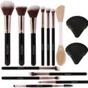 black Makeup Brushes Set 14 Pcs Professional, Synthetic Foundation Concealer Powder Blush Eyeshadow Brushes with 2 Powder Puffs & Dual-ended Mask Applicator, Gifts for Women Teen Girls