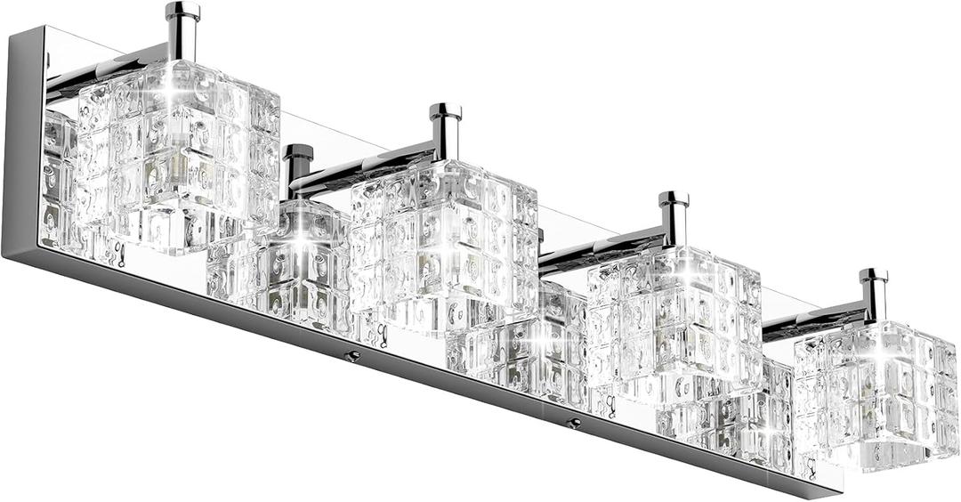 Ralbay Modern LED Chrome Vanity Lights - 4 Lights Crystal Bathroom Light Fixtures Over Mirror