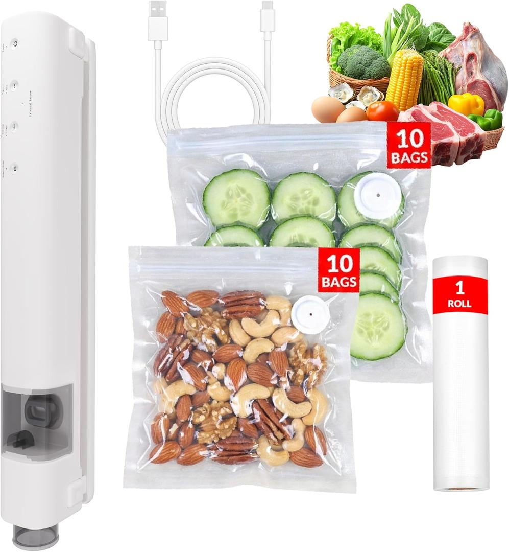 UNICCA Compact Vacuum Sealer for Food, Magnetic Back, 60kPa Powerful Handheld Vacuum Sealer with 20 Reusable Bags & 1 Vacuum Roll Bags