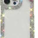 for iPhone 13/14 Cute Bow Pink Case Bling Glitter Diamond Bumper Cover 3D Sparkle Gemstone Luxury Crystal Rhinestone Clear Protective Phone Case for Women Girls Kids Teens