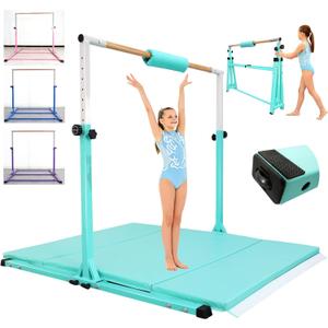 Seliyoo Foldable Gymnastics Bar for Kids Teens Ages 3-18, 5FT/6FT Kip Training Bar -Sturdy Base for Home Training,Adjustable Height 35" to 59" for, 400 LBS Capacity,Anti-Slip Base & Easy Assembly (Three base connections, Fresh Mint- with Mat)