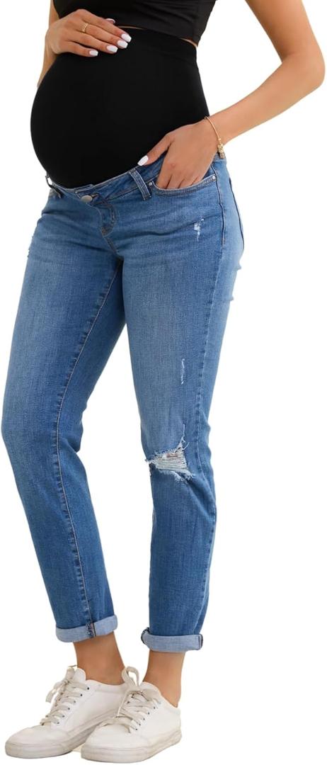 Women's Maternity Jeans Comfy Stretch Boyfriend Jean Over Belly Ripped Denim Pregnancy Pants (Blue, XL)