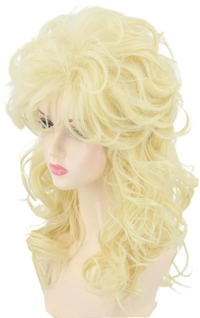 Women's Wigs 70s 80s Fashion Singer Wigs Blonde Long Curly Beehive Wigs for Halloween Costume Party Wig