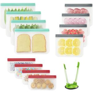 12 Pack Reusable Food Storage Bags with Baggy Rack (4 Gallon Freezer Bags, 4 Reusable Sandwich Bag, 4 Reusable Snack Bags), Food Grade Reusable Freezer Bags BPA Free, PEVA Leakproof | BPA Free, Leakproof, Food Grade, Freezer Safe Bags, Reusable