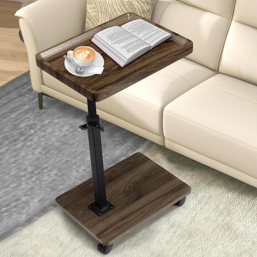 Aoligrace C Table End Table Adjustable Height, 360 Swivel Side Table with Wheels, Small TV Tray Table for Living Room Bedroom, Couch Tables That Slide Under for Sofa Bed Chair (Walnut)
