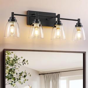 4 Light Bathroom Vanity Light, Farmhouse Bathroom Light Fixtures, Black Vanity Lights, Rustic Sconces Wall Lighting with Clear Glass Shades for Living Room, Bedroom, Hallway