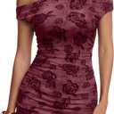 Trendy Queen Womens Off The Shoulder Floral Mini Dress Summer Party Bodycon Ruched Short Dresses (M)
