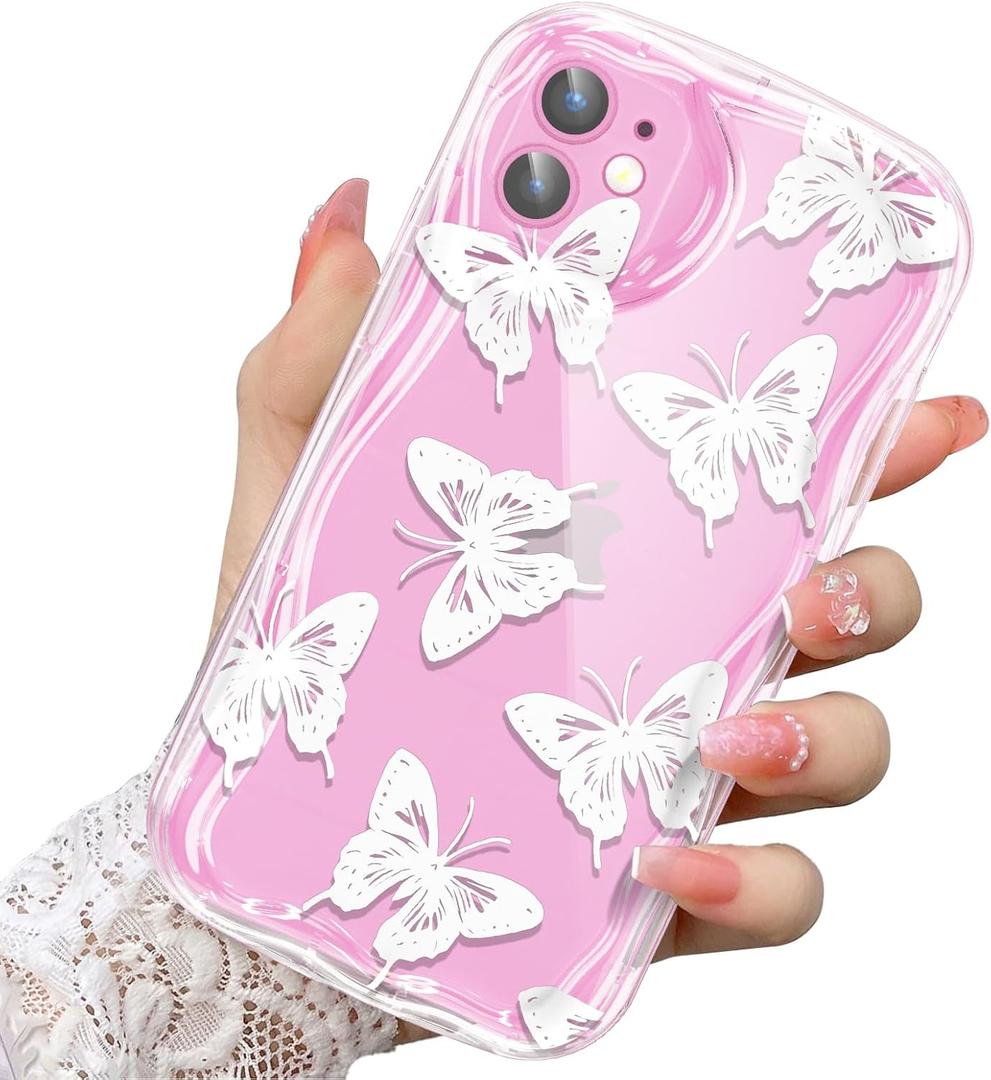Compatible for iPhone 11 Case, Pretty Butterfly Print Three-Dimensional Wave Clear Case for Girls Women, Soft Full Package Anti-Fall Cover for iPhone 11, White Butterfly