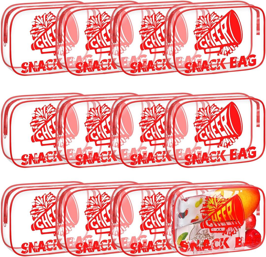 Sunnymove 12 Pcs Cheer Snack Bags for Team Gifts Cheerleader Goodie Treat Candy Pouch Bags Transparent PVC Waterproof with Zipper Party for Adult Cheerleading Teammates Party Supplies (Red) 