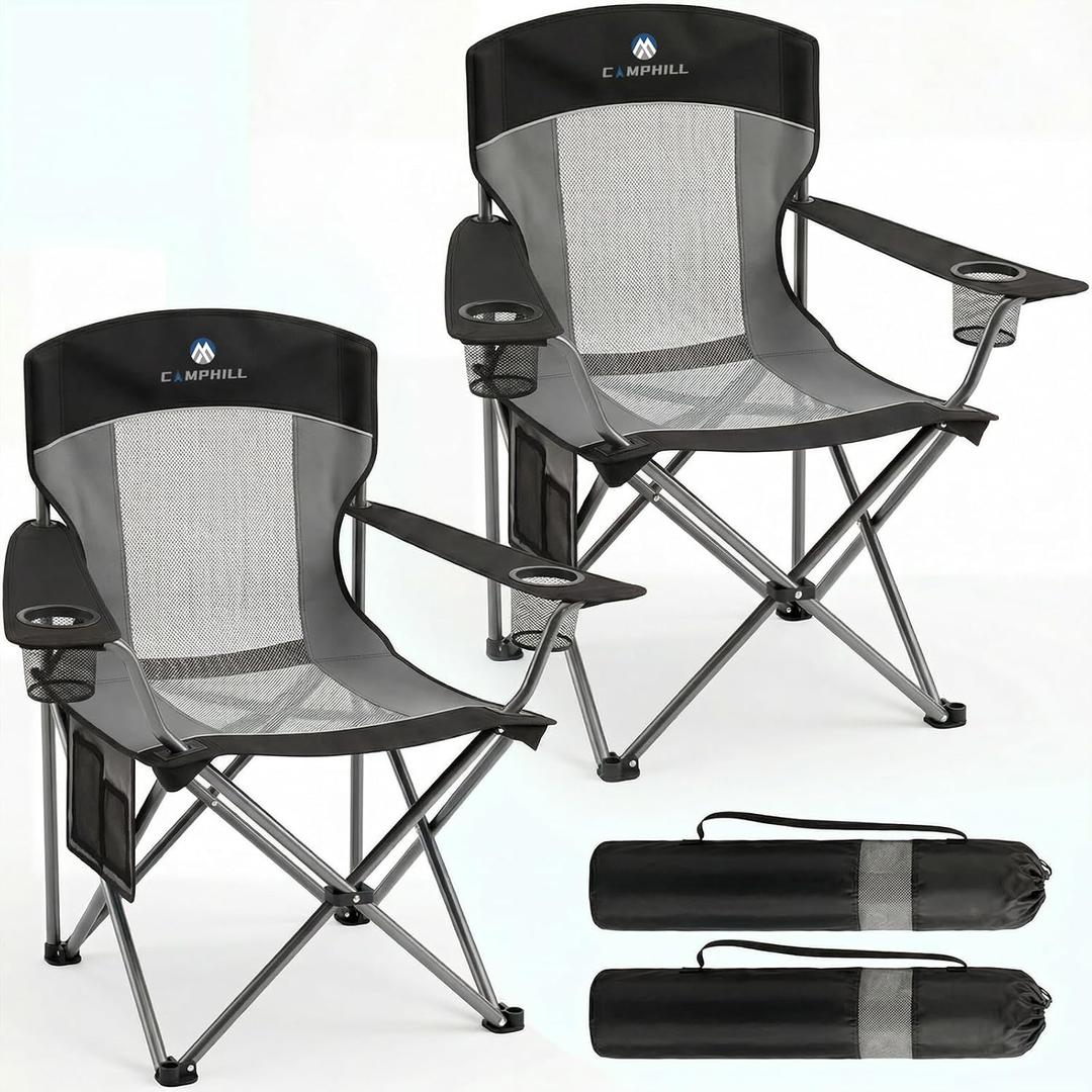 2 Pack Camping Chairs for Adults,Oversized Mesh Back Lawn Chair with Cup Holder, Side Pocket&Bag for Outdoor,Beach,Picnic,Fishing,and Sports,Breathable,Heavy Duty,Black