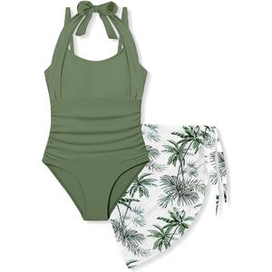 Girls Swimsuit Halter Neck One Piece Bathing Suit with Tropical Printed Cover Up Skirt Girls' Swimwear Set 15-16T