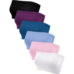 Geyoga 6 Pieces Strapless Bandeau Bras, Seamless Bralettes Stretchy Non Padded Tube Tops for Women (Medium, White, Pink, Light Blue, Purplish Red, Black, Peacock Blue)