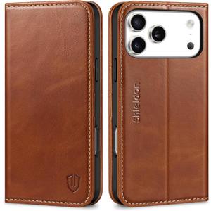 SHIELDON Genuine Leather Wallet Case for iPhone 17 Pro Max 6.9-inch 2025 | Flip | Magnetic Cover | RFID Blocking Credit Card Holder | Kickstand | Shock-Absorbent Case | Retro Brown