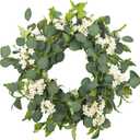 24" Spring Summer Wreaths for Front Door, Artificial Green Eucalyptus White Flower Cherry Blossom Grapevine Base for Farmhouse Porch Wedding Outdoor Indoor Year Round Home Decor