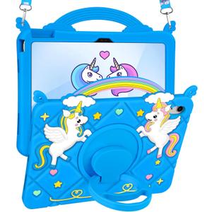 for iPad 10th Generation Case 2022 10.9 Inch/for iPad A16 11th Generation 11 Inch 2025 - Cute Girls Kawaii Girly 3D Cartoon Teen Case with Rotating Stand & Strap Soft Silicone Blue Unicorn