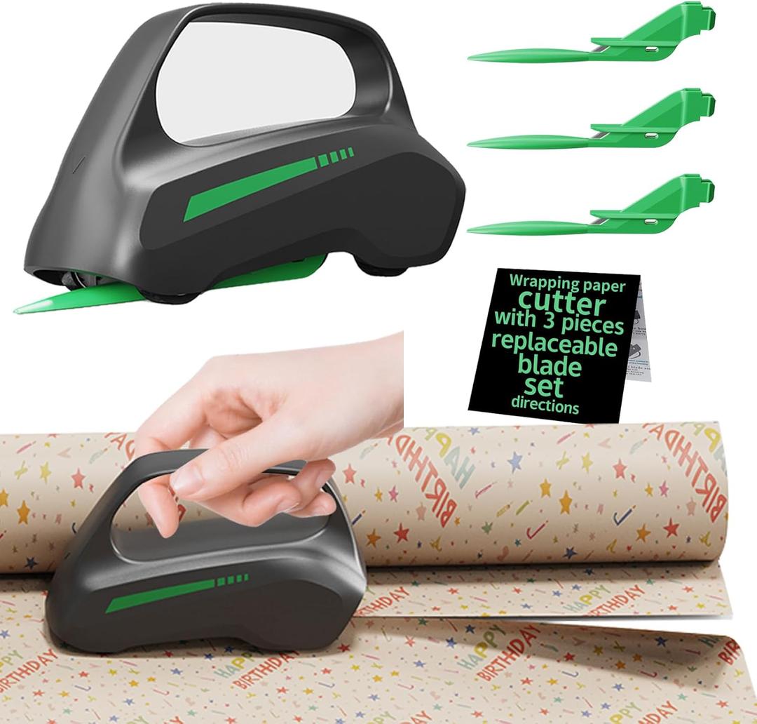 Wrapping Paper Cutter with 3 Replaceable Blades, Car Design Cutter Dispenser Tool Adapt for Any Diameter Gift Wrapping Paper Roll, Cutting Efficient Straight Easily & Safely on Halloween Christmas (Black_1pcs)