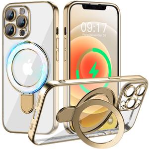 mteyoim Magnetic for iPhone 14 Pro Max Case with Invisible Stand[Compatible with MagSafe][Full Camera Lens Protector][Military Drop Protection] Shockproof Not Yellowing Clear Slim Soft for Women Men (Gold)