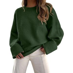 PRETTYGARDEN Women's Fall Oversized Sweaters Casual Crewneck Pullover Long Sleeve Fuzzy Chunky Knit Tops Blouse (Medium, Dark Army Green)