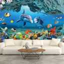 Bormia Wall Mural Underwater Wallpaper 3D Dolphin Large Photo Wallpaper for Livingroom Bedroom Kids Room Nursery, 108"x75" (Blue)