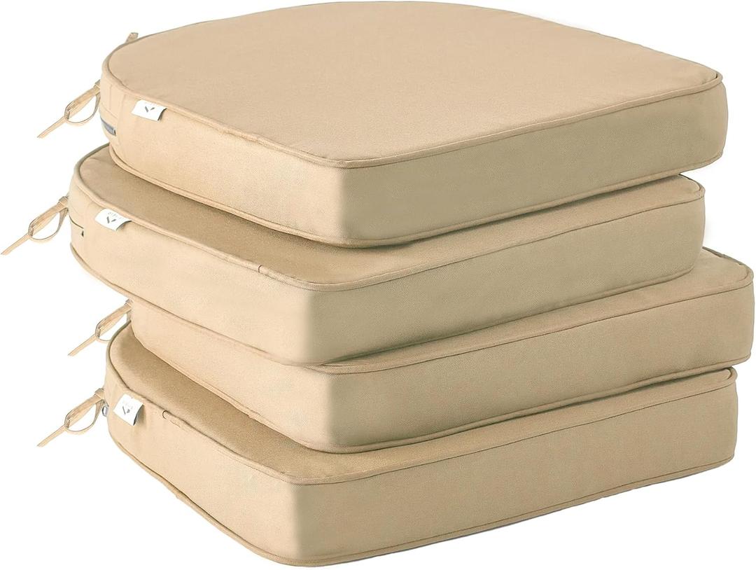 Outdoor Chair Cushions Set of 4, Waterproof Outdoor Seat Cushions for Patio Furniture, Patio Chair Cushion with Handle and Ties, Round Out Door Chair Pads,19" x 19" x 3", Beige