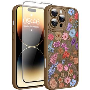 Magnetic for iPhone 14 Pro Case with Screen Protector, Brown Flower | Pretty Flower Floral Pattern Design [Compatible with MagSafe] [Full Camera Protection] Shockproof Slim Cover for Women Girls