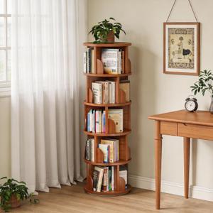 5-Tier Rotating Bookshelf, Rolling Bookcase with 360° Spin for Small Spaces, Corner Revolving Organizer for Home Office, Bedroom, Kids Room Walnut Finish