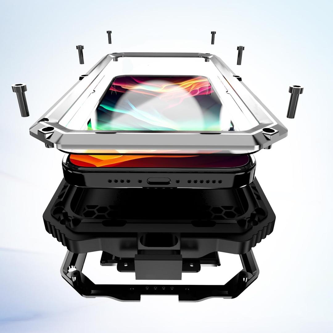 Lunivop Compatible with iPhone 15 Pro max Case Heavy Duty Protection Dustproof Built in Screen Protector Rugged Stand 360 Full Body Military Grade Metal Bumper Phone Cases (Silver 2023)