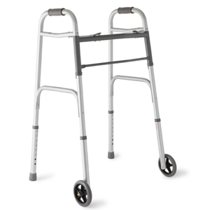 Medline Two-Button Folding Walker for Seniors, 5" Wheels, 32.5" to 39.5" Height, 400-lb. Capacity