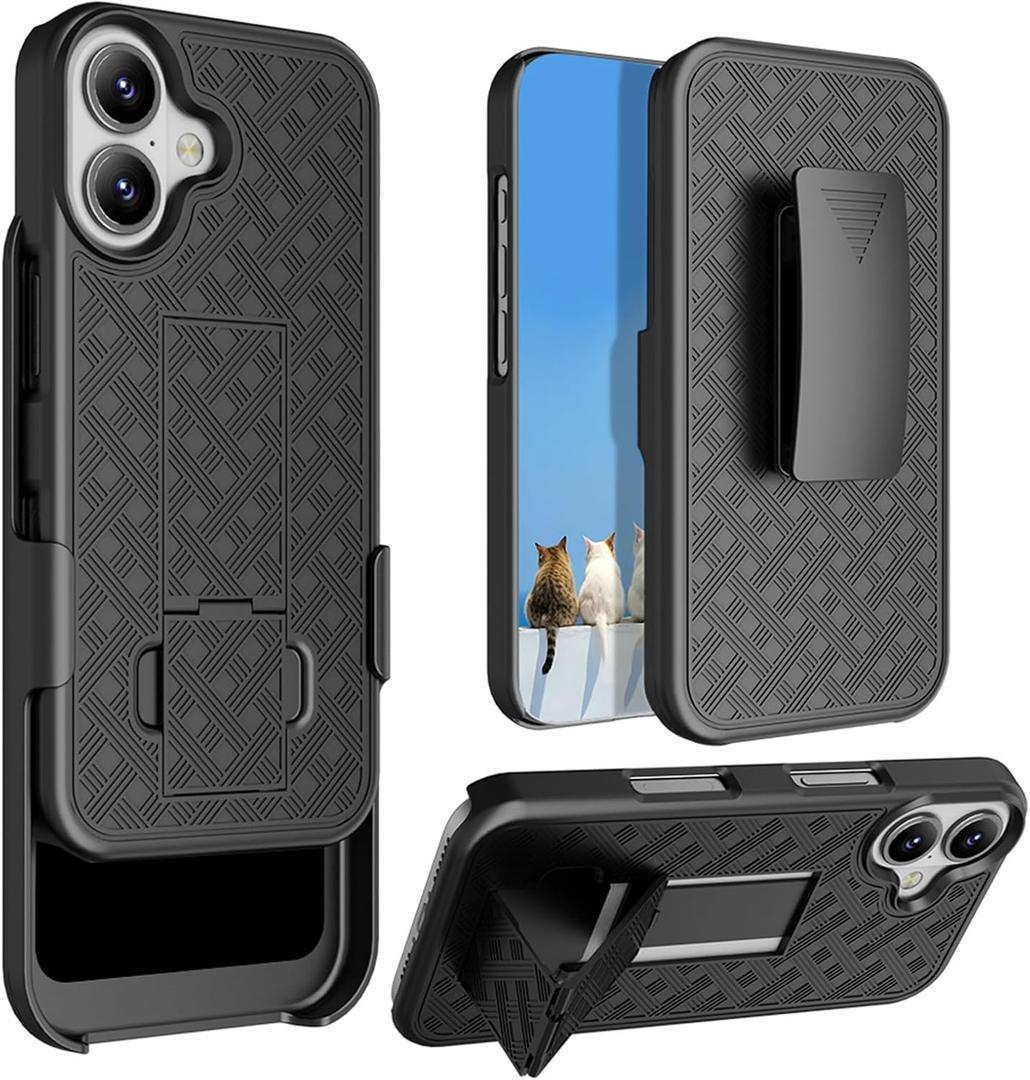 for iPhone 16 Holster Case, Combo Shell Slim Rugged for iPhone 16 Case Cover with Kickstand, Swivel Belt Clip Holster Shockproof Protective Cover 2024 Release, Black