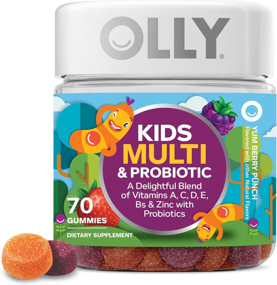 OLLY Kids Multivitamin & Probiotic Gummy, Digestive Support, Vitamins A, D, C, E, B, Zinc, Chewable Supplement, Berry Flavor, 35 Day Supply - 70 Count, EXP 05/2026