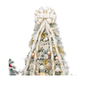 Christmas Tree Topper Bow，53x15 Inches Large Christmas Bow with Glitter Streamer and Patterned Ribbon，Decorative Bows for Xmas Tree Wreath Door Festival Home Decor(White Gold)