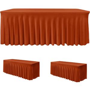 HolidayIdeas 2 Pack Spandex Table Skirts for 6ft Rectangle Tables, Stretch Ruffle Cover for Boho Wedding, Rustic Garden Party, Outdoor Glamping Decor, Rust
