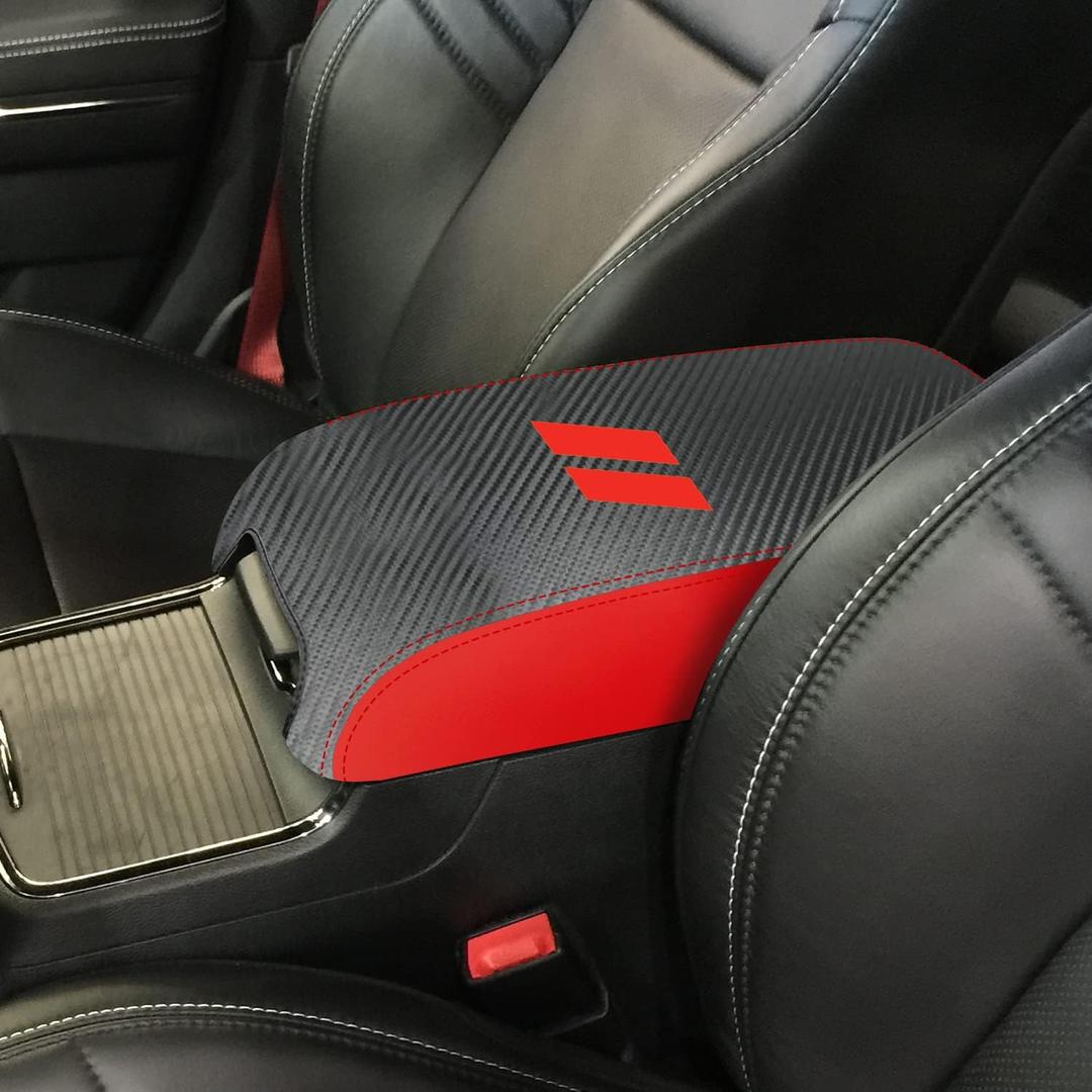 Car Center Console Armrest Cover for 2022 2023 Dodge Charger 2011-2021/for Chrysler 300 2011-2022 2023 Leather Anti-Scratch Central Lid Protector Cushion Interior Accessories-Carbon Fibre+Red