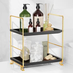 FSyueyun 2-Tier Bathroom Countertop Organizer, Tool-Less Installation Premium Plastics Makeup Shelf Organizer Perfume Skincare for Dresser Vanity Tray Organizers and Storage (Gold & Black)