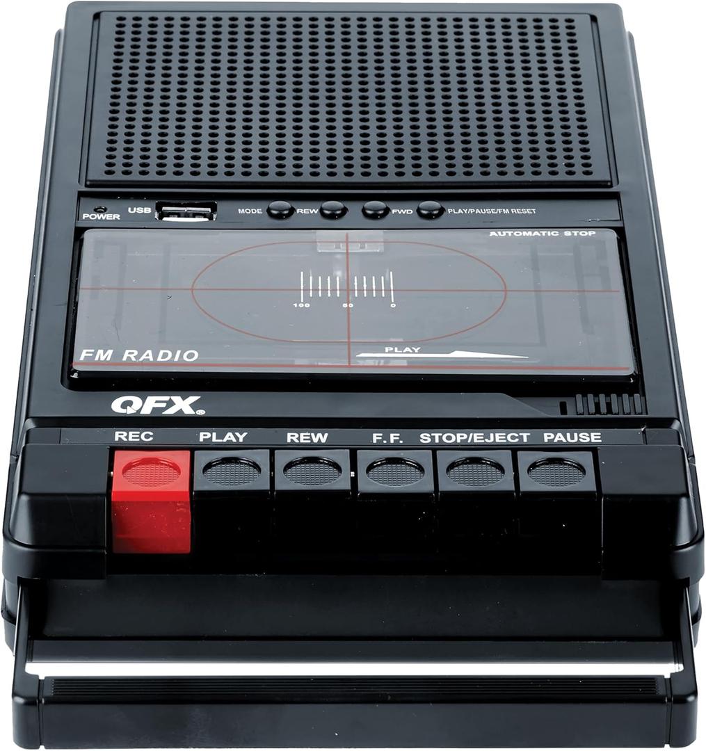 QFX RETRO-39 Portable Shoebox Cassette Tape Recorder  USB to Cassette Recording, Built-in Microphone, 3.5" Bluetooth Speaker, FM Radio, MP3 Playback, Line-in/Out, AC/Battery Powered