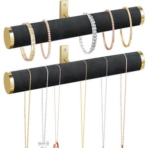 Velvet Necklace Holder Wall Jewelry Organizer, 12" Hanging Necklace Organizer, 2 Pack Wall Mounted Necklace Hanger for Bracelets Bangles Display,Black