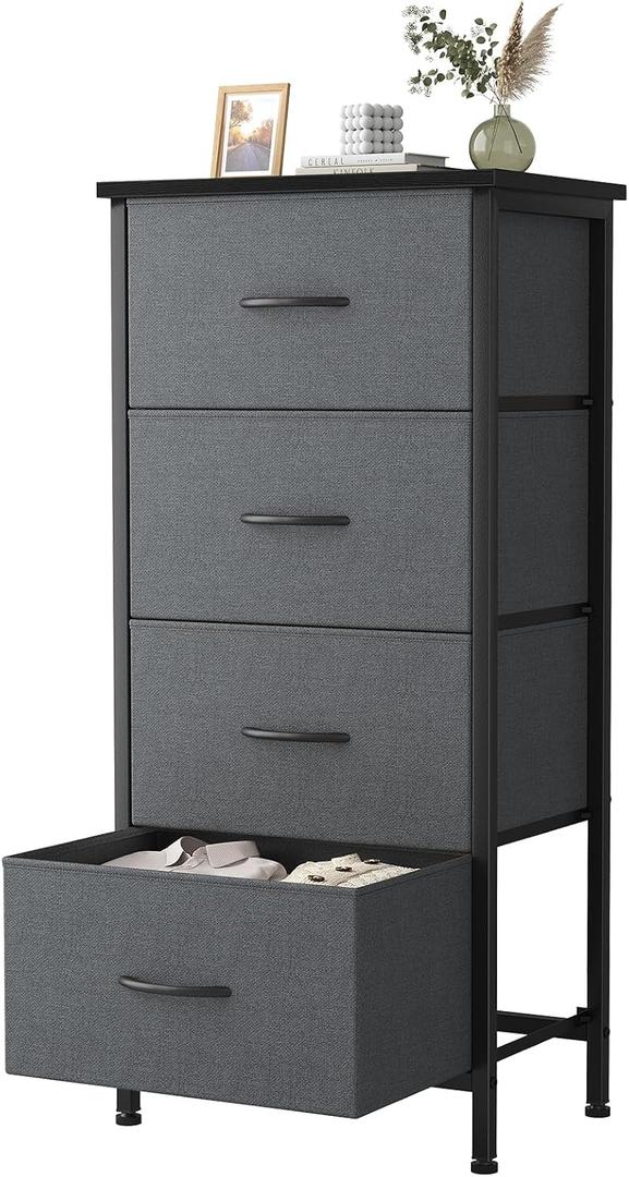 Sweetcrispy 4 Fabric Drawer Small Dresser, Bedside Nightstand with Wooden Top Sturdy Frame, Entryway Closet Bedroom Storage Cabinet Furniture for Dorm,Grey, 11.8"D x 17.7"W x 37.5"H