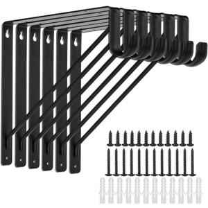 6 Pack Black Closet Rod Bracket 11 x 11 Inch, Heavy Duty Closet Shelf Brackets with Rod Shelving Support,Wall Mount Closet Rod Support Bracket with Screws,Supports 300 lbs