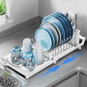 Expandable Dish Drying Rack for Sink or Countertop  Compact Stainless Steel Dish Drainer with Removable Utensil Holder, Rustproof Plate Rack for Small Kitchen Spaces, White