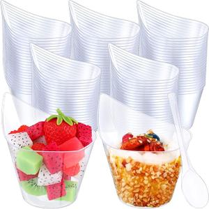 50 Pack Clear Plastic Dessert Cups with Tasting Spoons, Appetizer Cups Yogurt Parfait Bowls with Spoons for Party Supplies Catering Chocolate Desserts Buffet Food Display (7 oz)