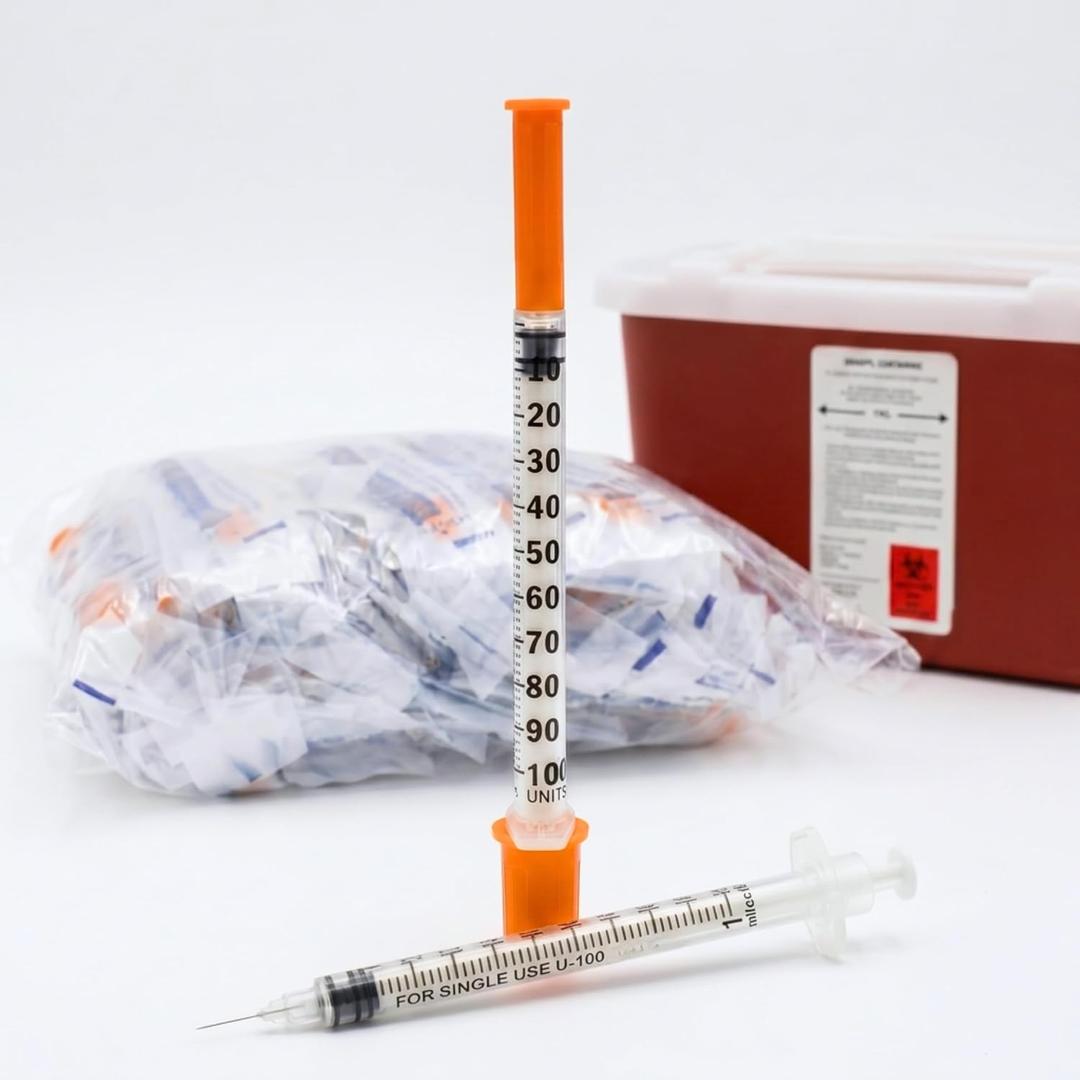 U-100,1mL (1cc) 31G, 5/16" (8mm) Syringes, Disposable, Individually Wrapped and Sterilized, Pack of 100. Smooth Plunger, Tripple Sharpened, Lubricated. In FREE 1 Gal Sharps Container