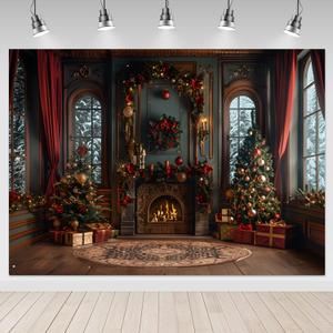 Mocsicka 7x5ft Red Christmas Window Backdrop for Photography Black Christmas Trees and Fireplace Snow Scene Xmas Family Holiday Party Decorations Photography Background