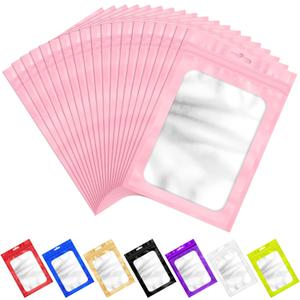 100 PCS Pink Resealable Mylar Bags with Zipper and Frosted Clear Window Packaging Bags Foil Pouch Zipper Bag for Food Self Sealing Storage Supplies 3.54x6.29