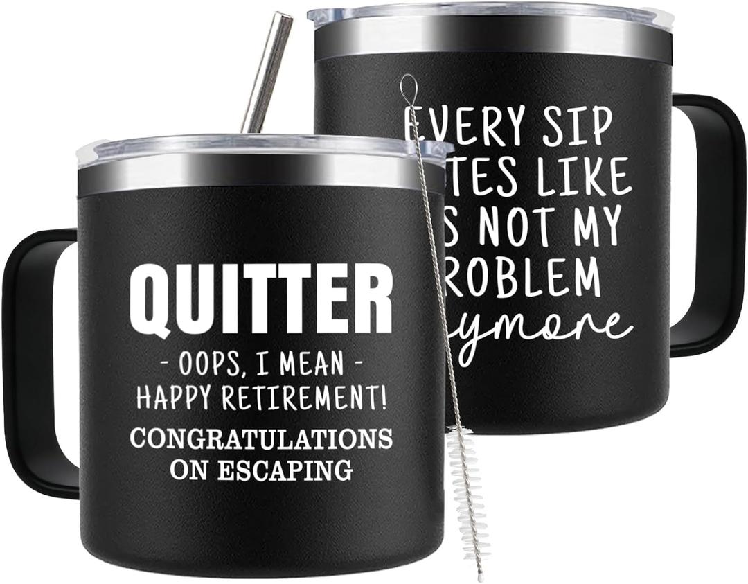 Funny Retirement Gifts For Men - Quitter I Mean Happy Retirement Coffee Mug with Handle, 14oz Retired Cup Mug Xmas Gifts for Coworker Leaving,Teachers,Doctors, Boss,Friends,Dad Black