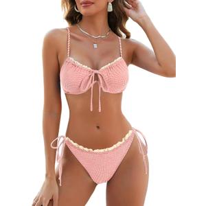 ZAFUL Women High Cut Bikini Sets String Sexy Swimsuit Two Piece Underwire Bathing Suit Brazilian Cheeky Cut Out Cute Swimwear (Small, Gingham Red)